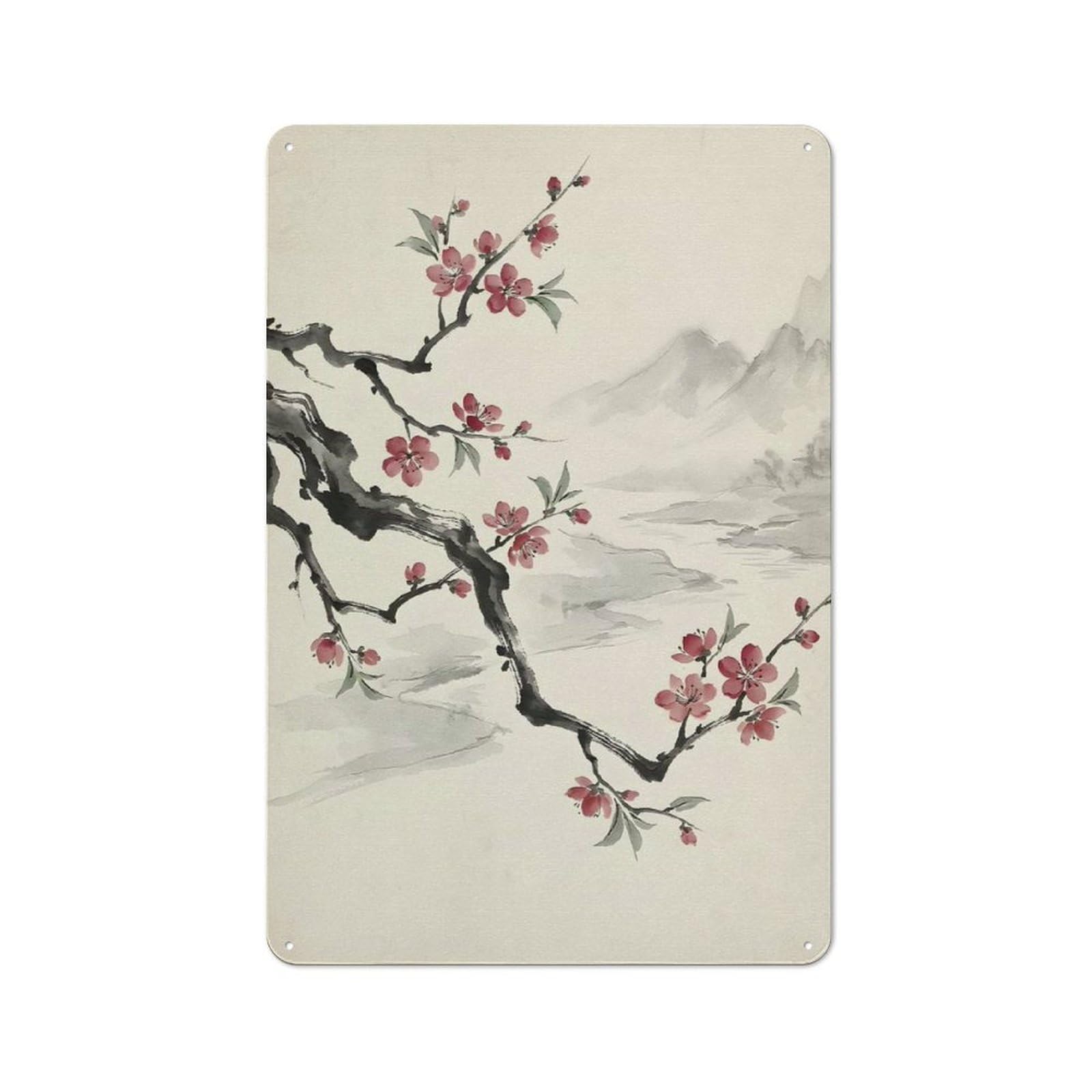 Tin Wall Plaque 30x20cm with Japanese Ink Painting of Cherry Blossoms for Guest Room Or Hallway, for Updating Guest Room And Hallway after Moving