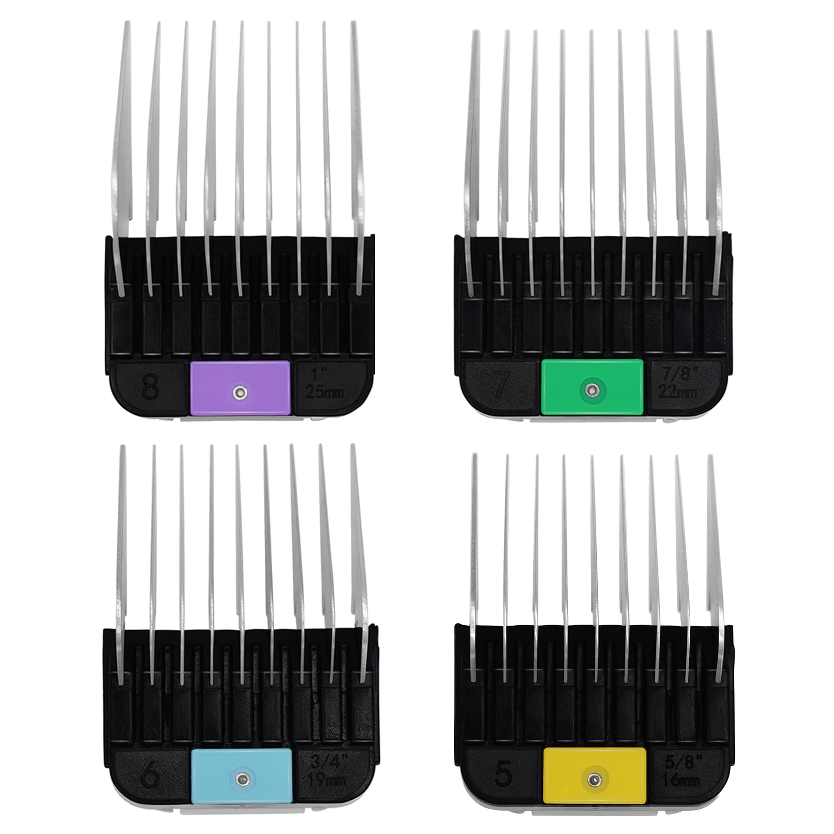 Lot de 4 peignes de protection en acier inoxydable pour toiletteurs d'animaux de style A5, 1,6 cm, 1,9 cm, 2,2 cm, 2,5 cm, compatibles avec les tondeuses Wahl KM Series Andis AG BG Oster A5 A6