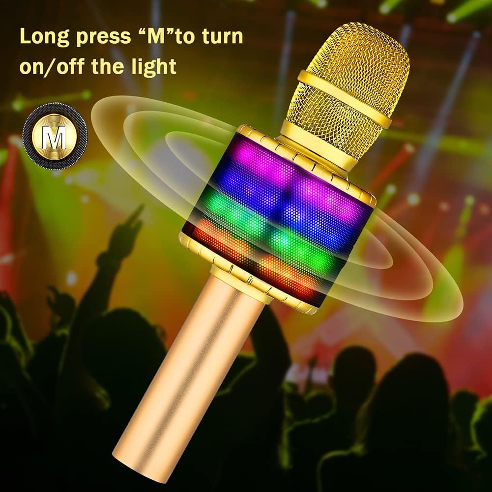 Voioke Karaoke Microphone - Bluetooth Microphone for Party - 3 in 1 Wireless Microphone with LED Lights and Surround Speaker - Portable Singing Mic for Kids, Adults (Gold)