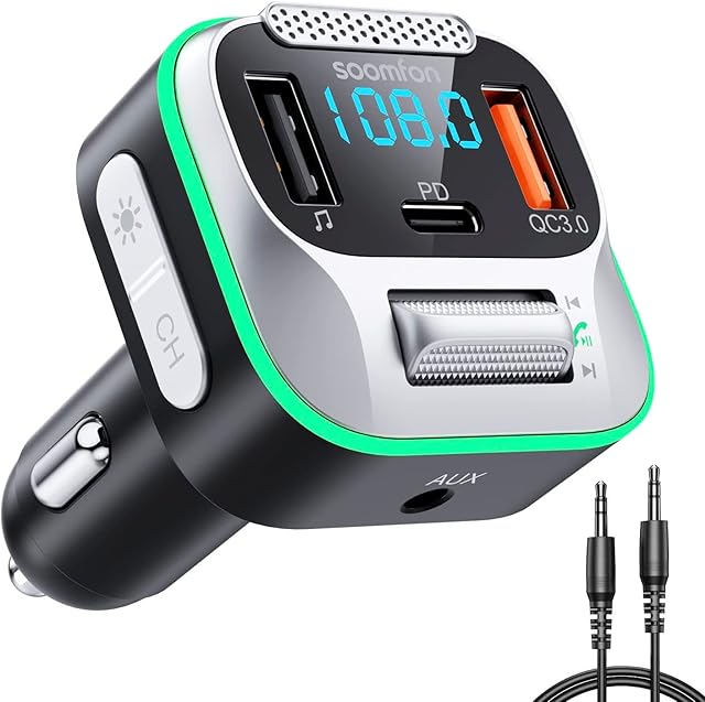 Bluetooth FM Transmitter for Car - SOOMFON Bluetooth Car Adapter MP3 Player with Cool Ring Light, Support Bass Stereo Hi-Fi Sound, Hands-Free Calls, Dual USB Car Charger, 3.5mm Aux Music Play