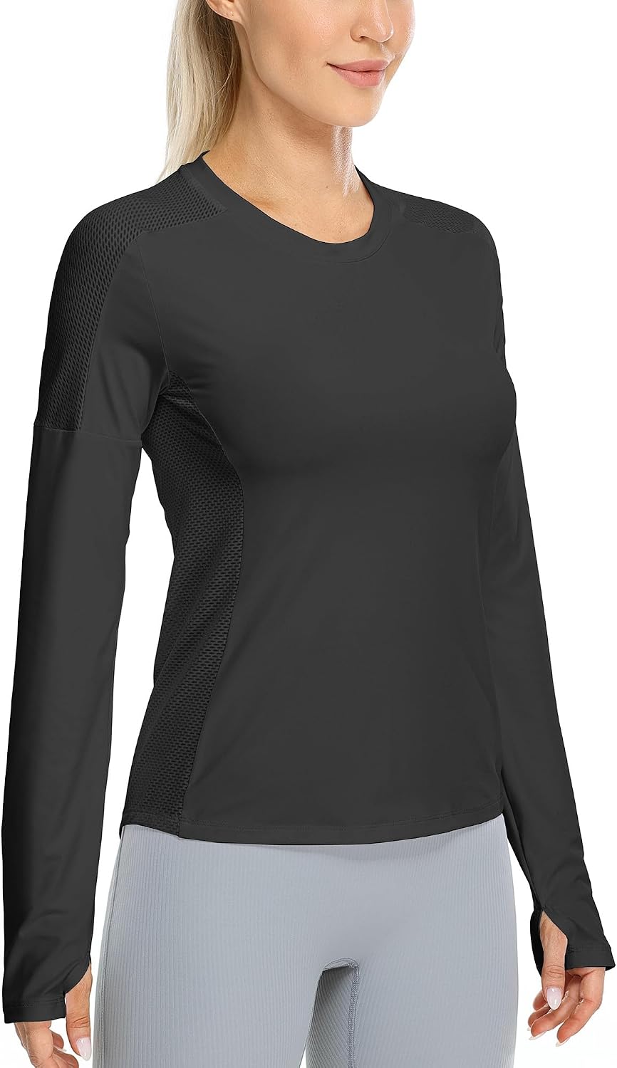 icyzone Women's Workout Long Sleeve Shirts, Athletic Crewneck Yoga Tops, Quick Dry Gym Outdoor T-Shirt with Thumb Holes