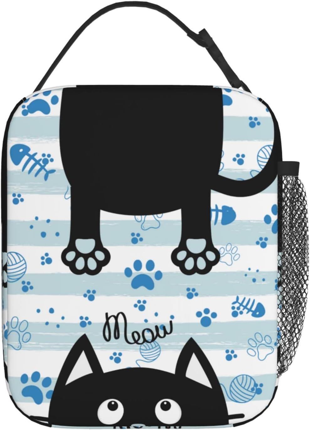 Black Cat Lunch Box for Kids Boys Girls, Blue and White Striped Cat Paws Insulated Lunch Bag for Women Men, Leakproof Durable Lunch Cooler for School Work Picnic - Image 3