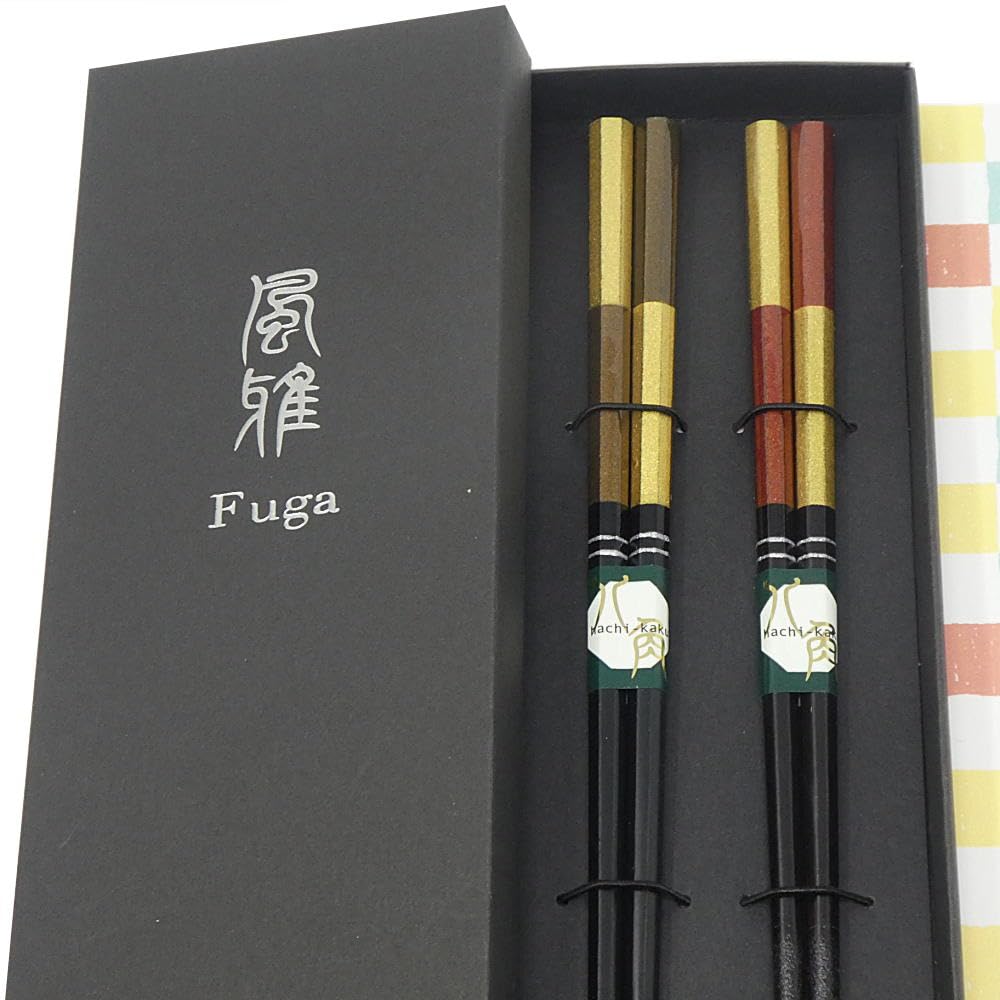 Wakasa Lacquer Octagonal Empress Taigo Couple Chopsticks 9.1in/8.3in Japan