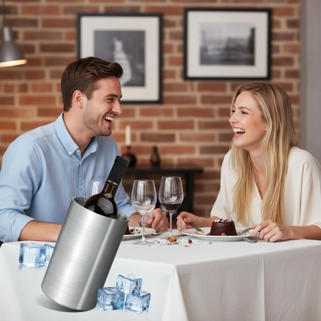 AiQInu Bottle Cooler for Wine, Champagne, 1.6 L Double-Walled Stainless Steel Champagne Cooler, Diameter 12 cm, Height 19 cm, Champagne Cooler for Bottles, Wine Cooler at Home or on the Go