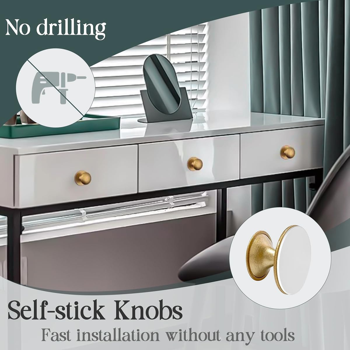 4Pcs Self-Adhesive Knobs for Cupboard, No Punching Peel Drill Free Sticking for Drawers, Mirror Cabinet (Gold)