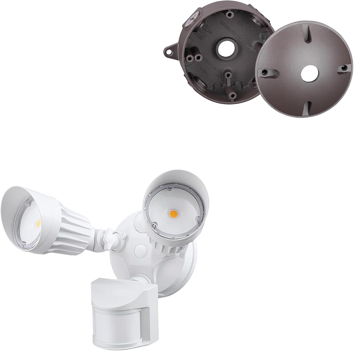 LEONLITE COB Paquete de luces de seguridad LED redondas, 1 paquete de 25 W con sensor de movimiento, luces de inundación para exteriores, aluminio, 2 cabezales, 5000 K, blanco y 1 paquete de seis cajas eléctricas redondas para exteriores de 1/2 pulgadas, color marrón