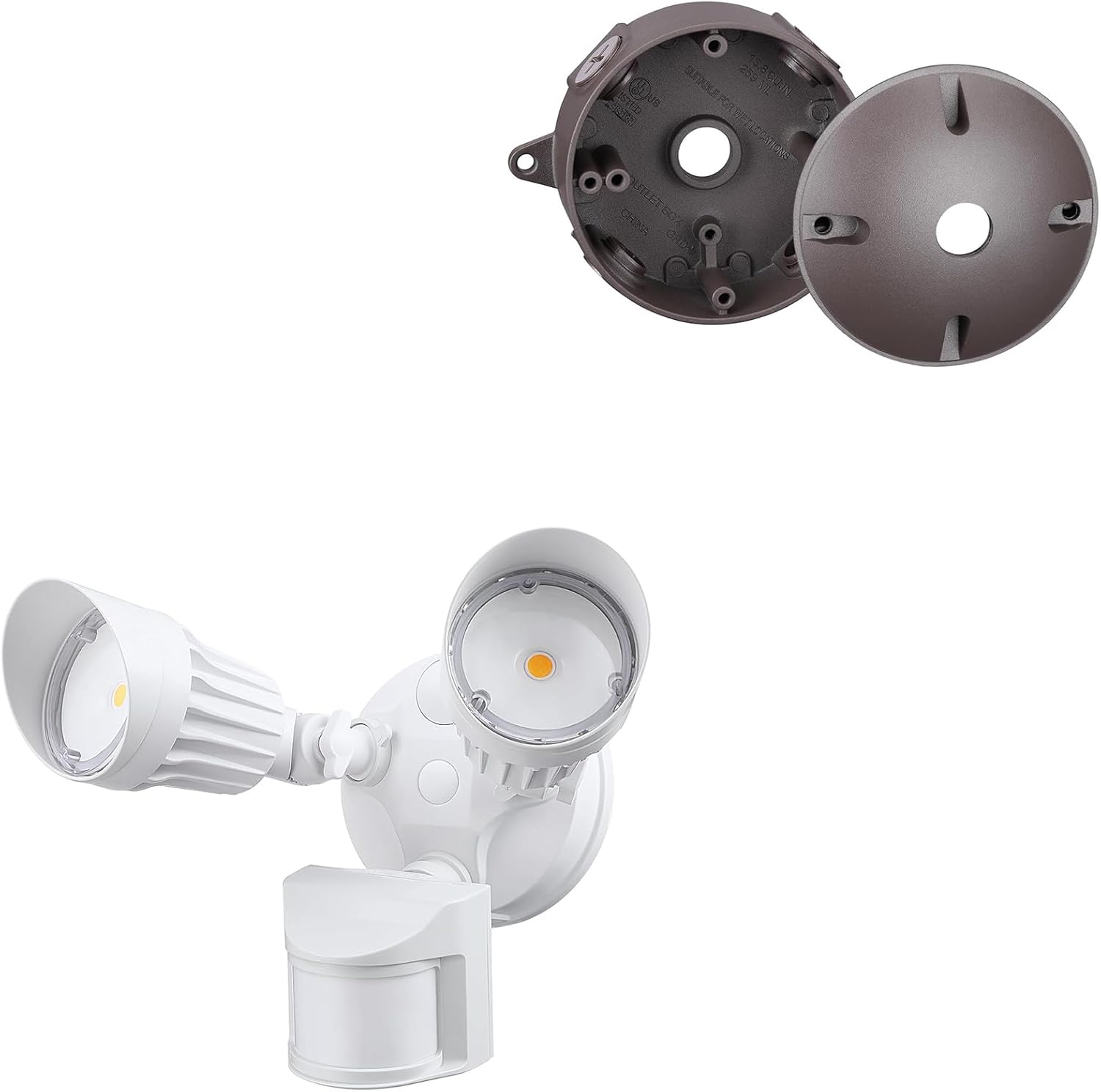 LEONLITE COB LED Security Light Bundle Round Outlet Box, 1-Pack 25W Motion Sensor Flood Lights Outdoor, Aluminum, 2-Head, 5000K,White & 1-Pack Six 1/2-In Knockouts Round Outdoor Electrical Box, Brown