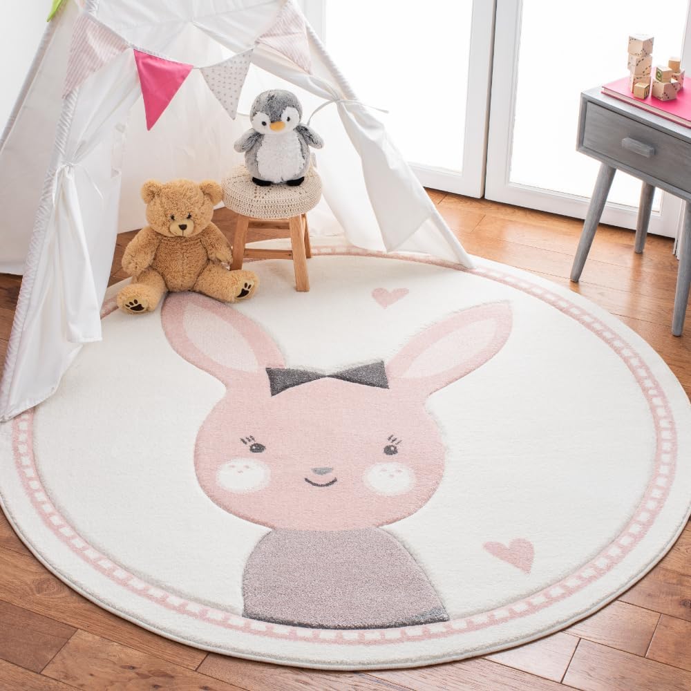 SAFAVIEH Carousel Kids Collection CRK166A Bunny Non-Shedding Playroom Nursery Bedroom Area Rug 5'3" x 5'3" Round Ivory/Pink
