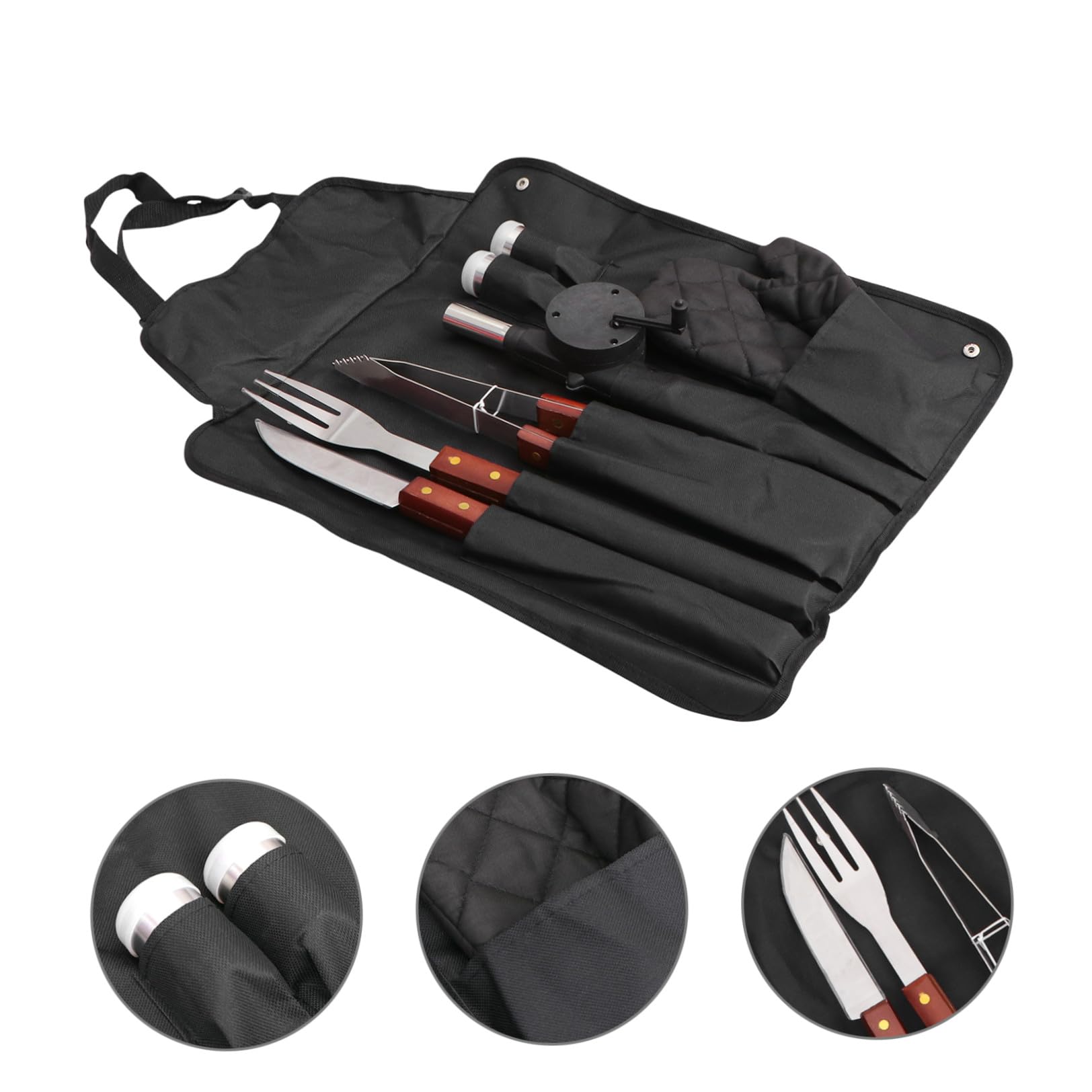 SHINEOFI Juego de Utensilios para Barbacoa de Acero Inoxidable Mango de Madera, Kit de 8 Piezas Bolsa de Almacenamiento para Camping y Fiesta al Aire Libre