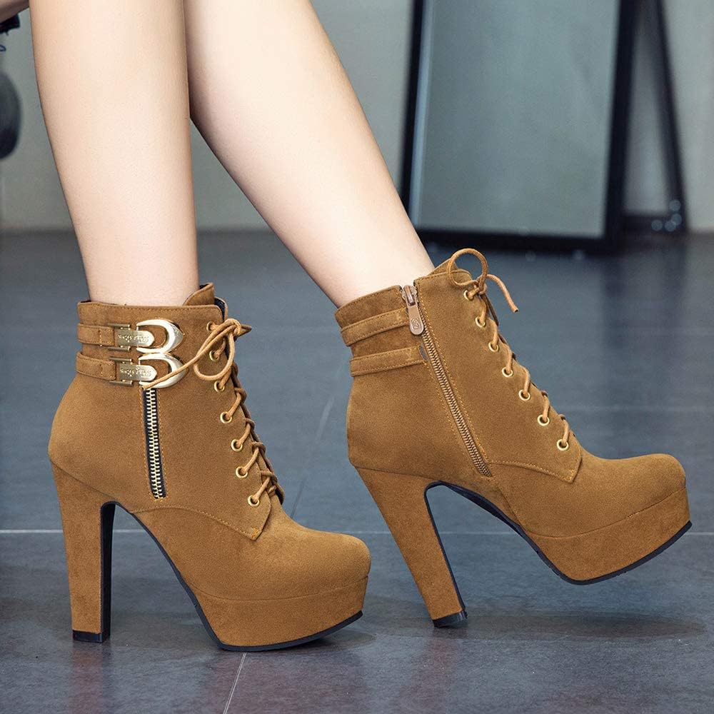 UOQAPRE Womens Ankle High Heel Boots Platform Wedges Chunky High Heels for Women Lace Up Ankle Booties Winter Shoes