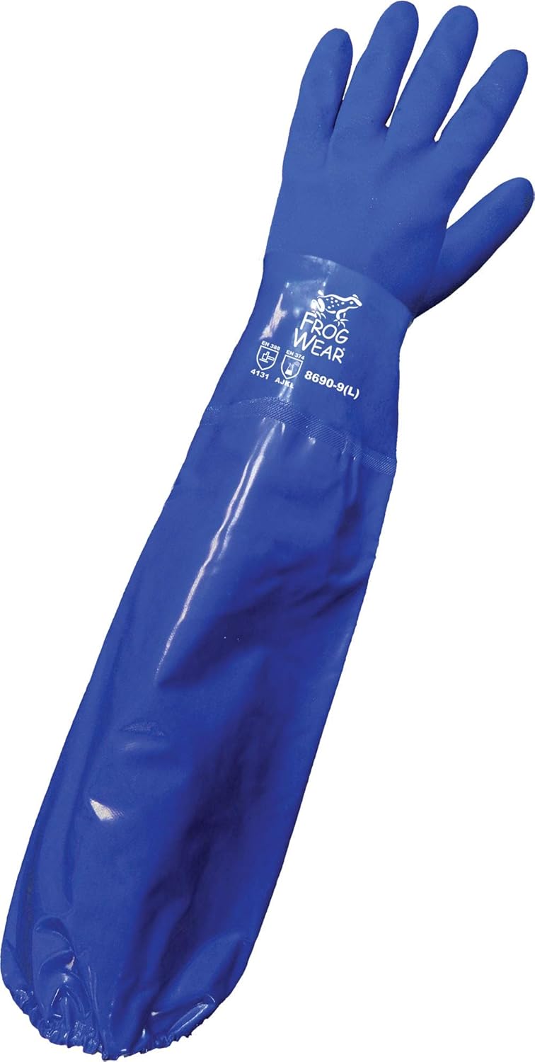 Global Glove 8690 FrogWear Premium Super Flexible PVC Glove with Sleeve, Chemical Resistent, Large, Blue (Case of 72)