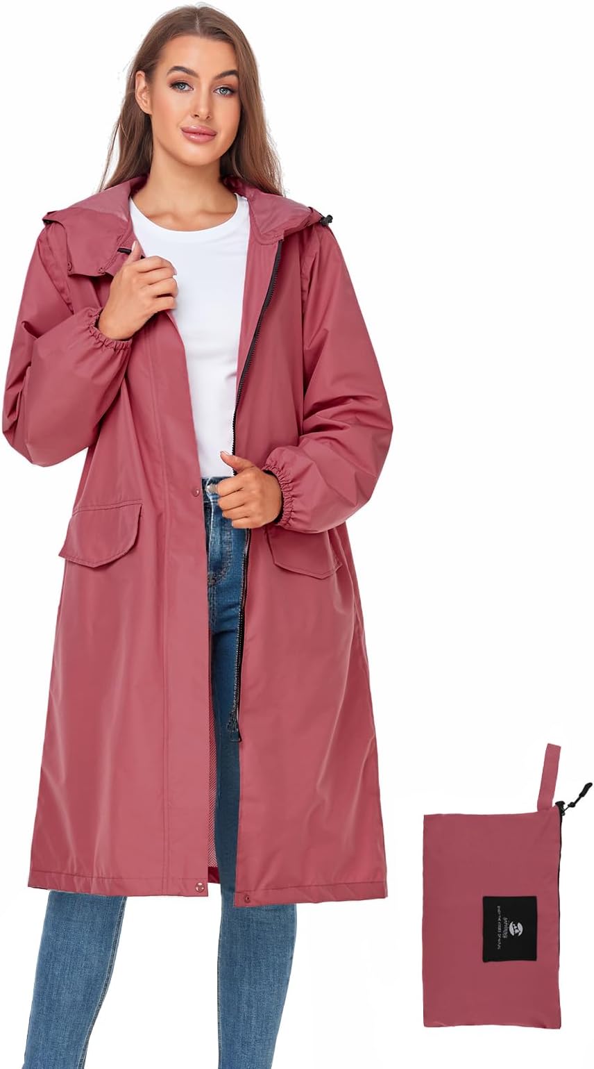Women's Long Rain Jacket Waterproof Lightweight Hooded Raincoat Packable Knee Length Rain coat