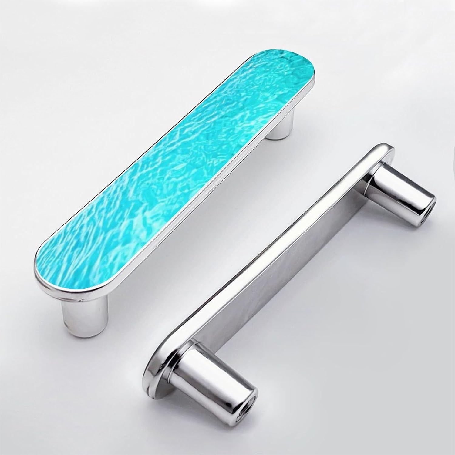 4 Pack Turquoise Glass Water Cabinet Pull 3-3/4 Inch (96 mm) Center to Center Silver Cabinet Handles Unique Drawer Pull Bathroom Drawer Handle Kitchen Cabinet Hardware
