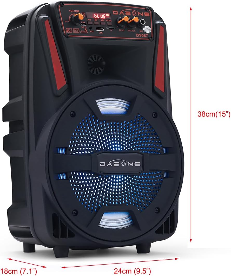 8 Inch Wireless Portable Party Bluetooth Speaker, Battery Powered Loud PA Speaker System with Bass for DJ Music, Karaoke Machine with Wired Microphone, Remote Control, LED/USB/TF/AUX/FM