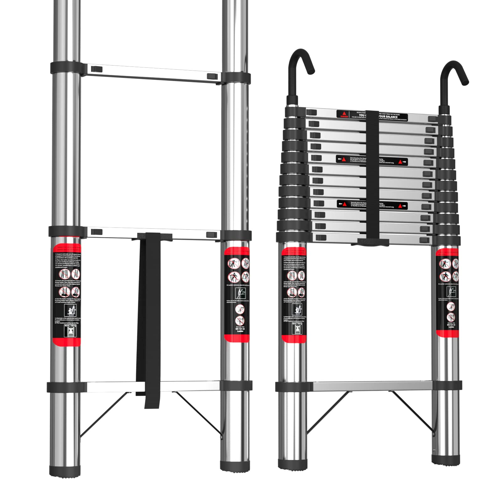 Escalera Telescópica con 2 Ganchos 5M/16.4FT Calera Extensible Multiusos para el Ático Escalera Plegable Portátil, 11 Peldaños, Carga Máxima 150kg, EN131