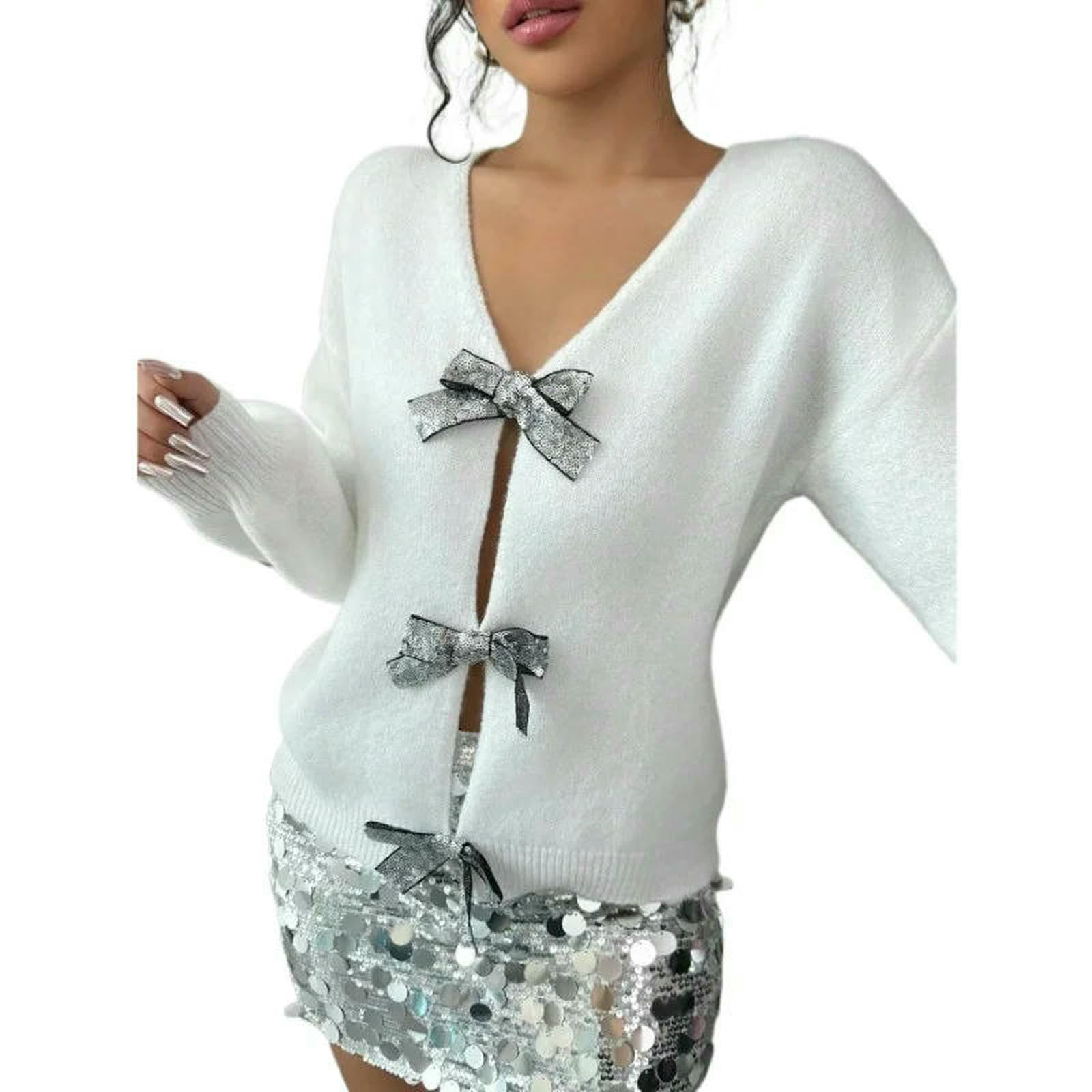 CHENSHI Maglione Donna Cardigan in Maglia di Nicchia A Maniche Lunghe Sciolto con Fiocco Paillettes Autunno E Inverno Nuova Moda Maglione-Bianco-s