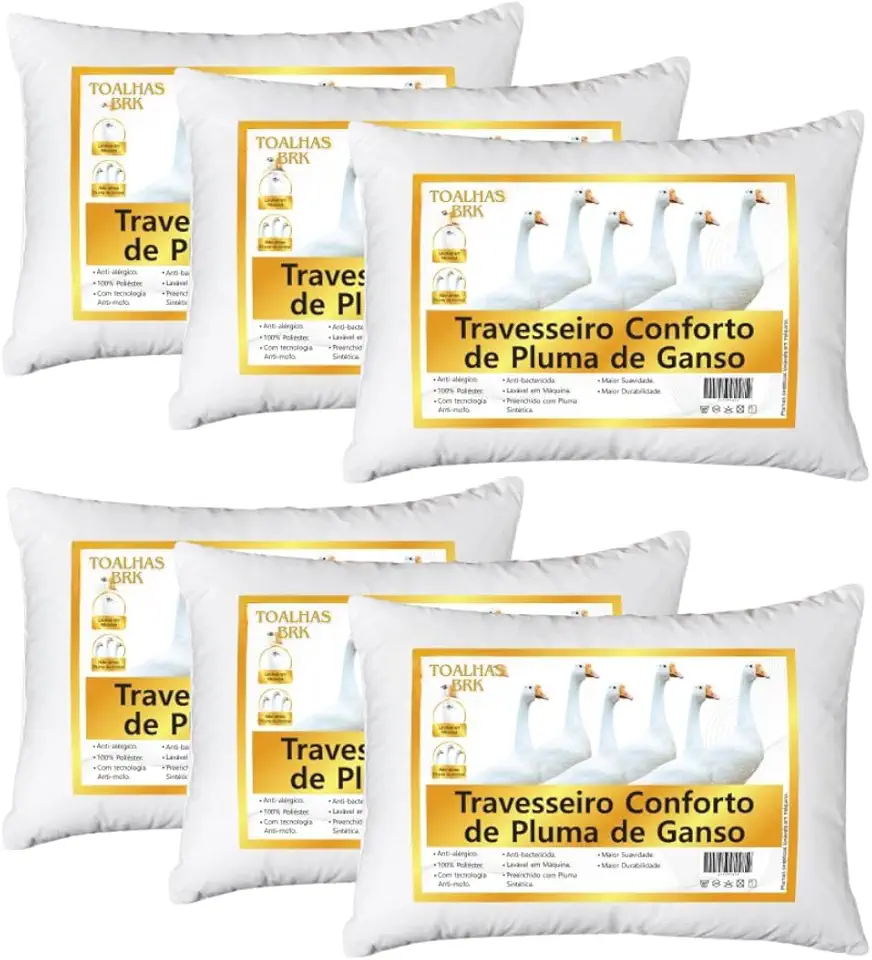 Kit 6 Travesseiro Conforto de Pluma de Ganso 50x70cm Lavável macio - Branco