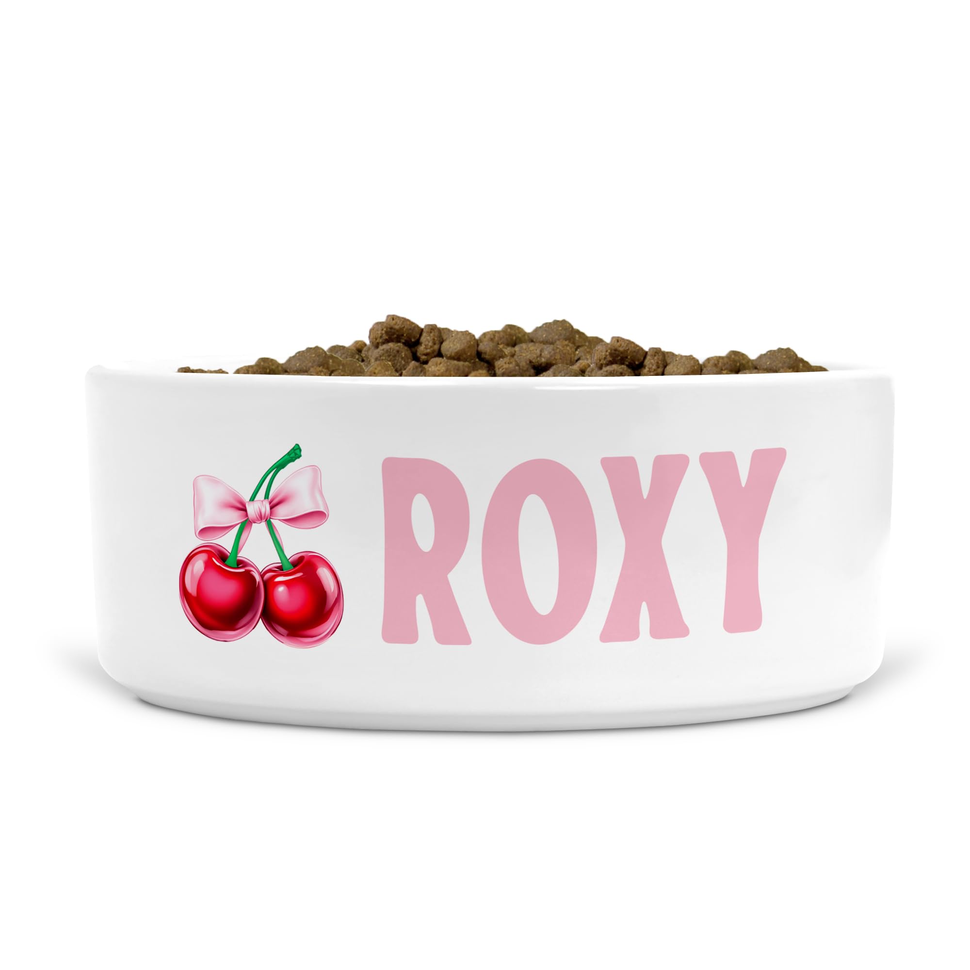 Personalised Ceramic Dog Bowl for Food/Water, Size Medium-Large (Cherries with Bow, Text Style LV)