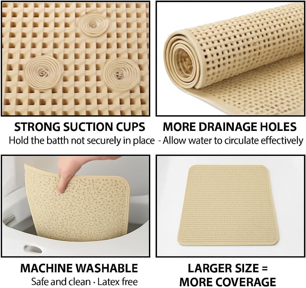 Bathtub and Shower Soft Waffle Cushioned Texture Spa Bathroom Shower and Bath Mat Non Slip 27.5" x 16" with Suction Cups and Drain Holes (Beige)