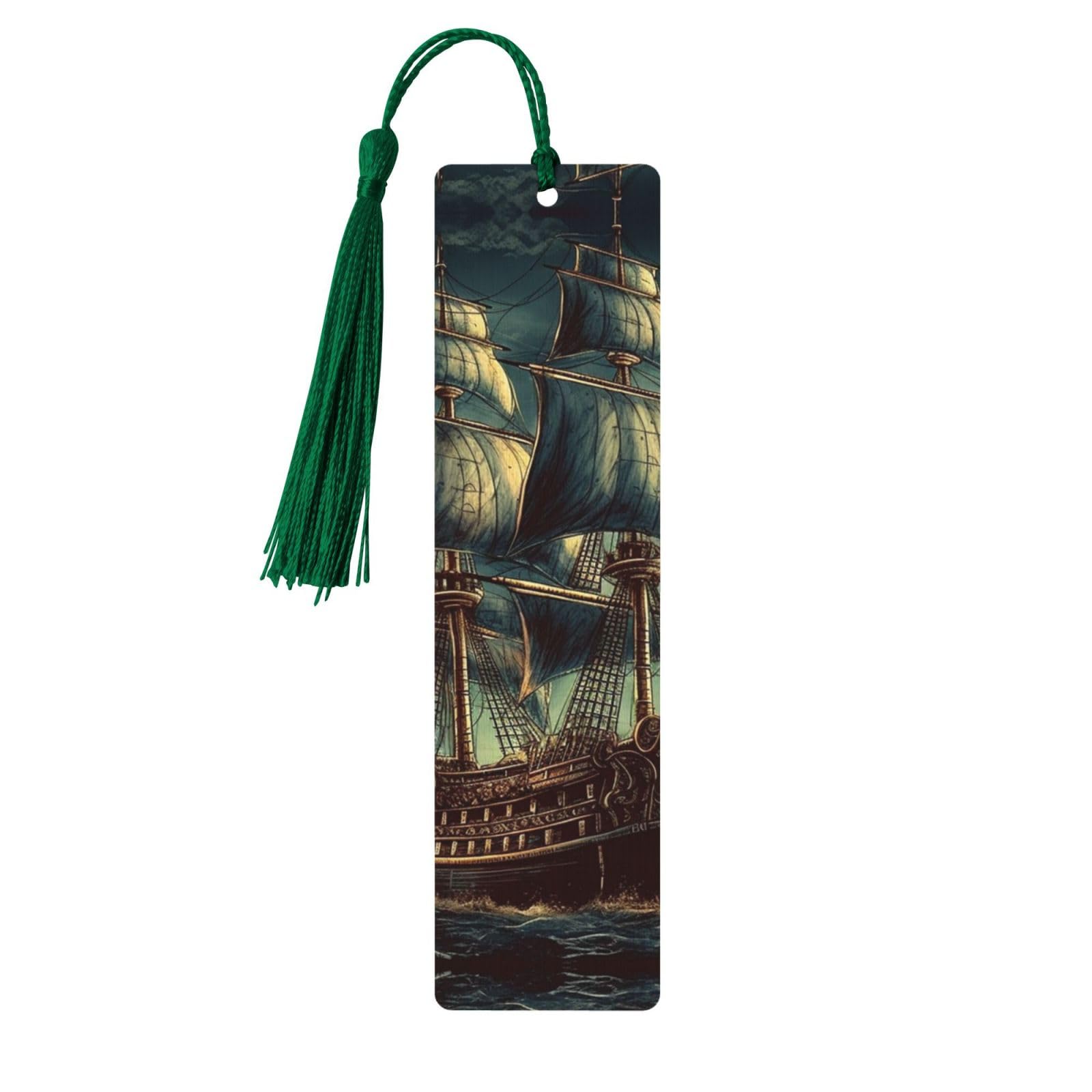 Nautical Vintage Sailing Pirate Ship Wooden Bookmarks with Dark Green Tassels Handmade Double-Sided Printed Book Marks Page Markers Book Accessories Gift for Book Lovers Women Men