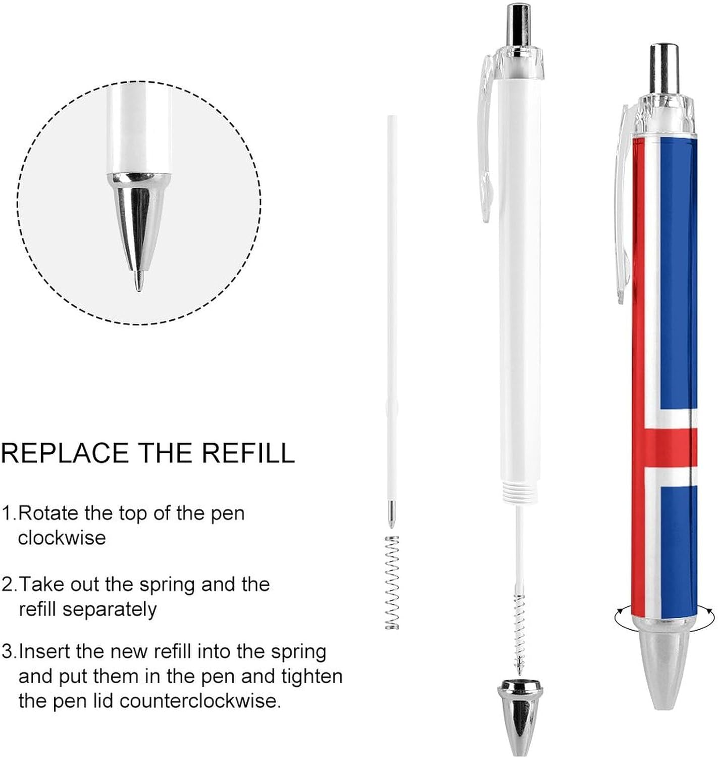 Flag of Iceland Black Ballpoint Pens Click Pens for Smooth Writing, Retractable