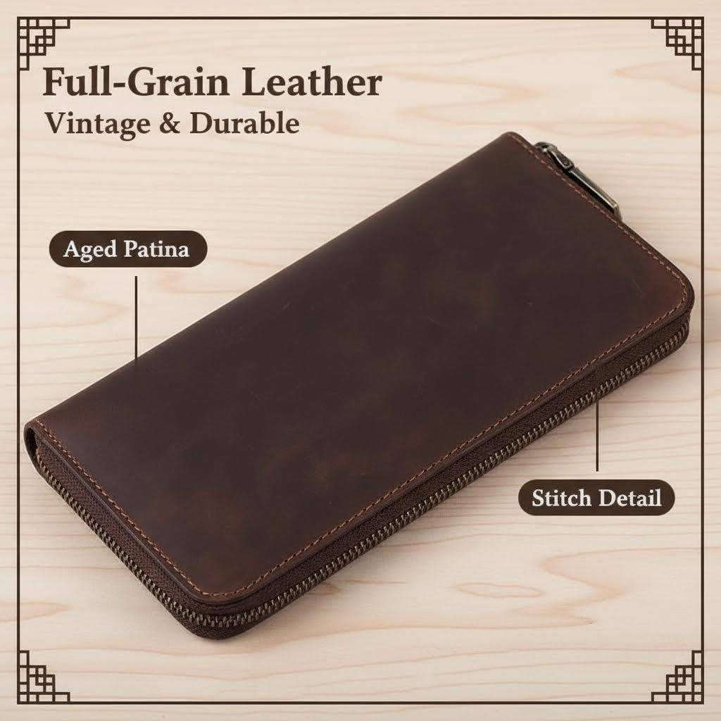 Cowhide Clutch Wallet for Men Women - RFID Blocking with Multiple Slots & Zipper Pockets for Travel & Business