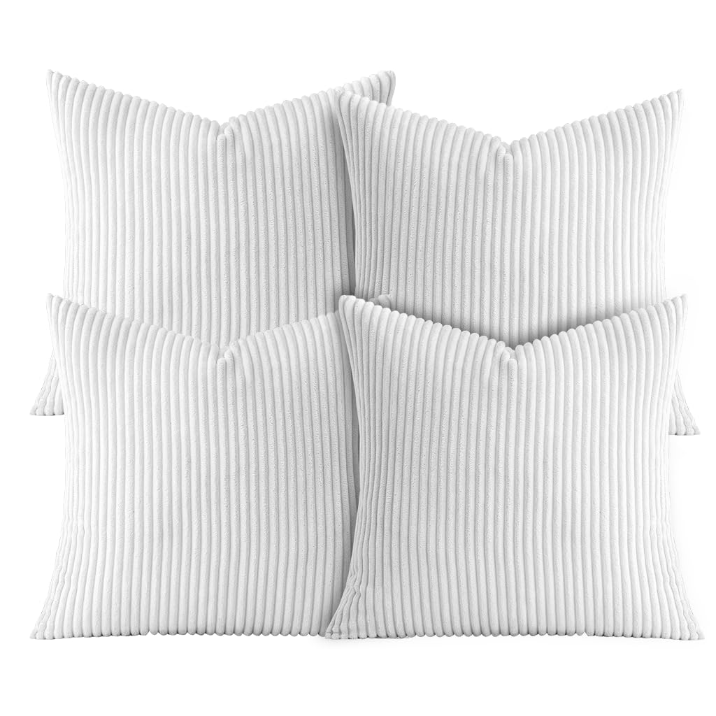 AMEHA Soft Stripe White Velvet Cushion Covers 45 x 45 cm Set of 4 Pcs with Invisible Zipper Decorative Square Throw Pillowcases for Bedroom, Sofa (18x18 inch Stripe Cushions)