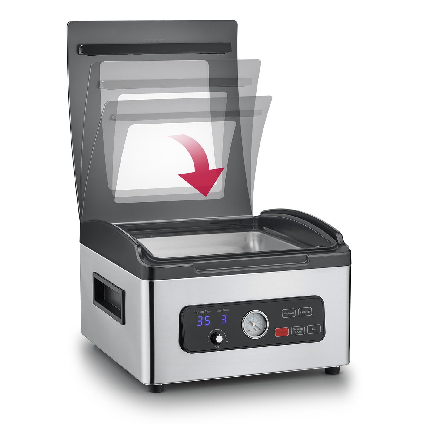 CASO VacuChef 700 - Sellador al vacío de cámara de acero inoxidable de 8 litros, fuerte bomba de vacío profesional de 70 litros/minuto, tapa de vidrio templado, para alimentos