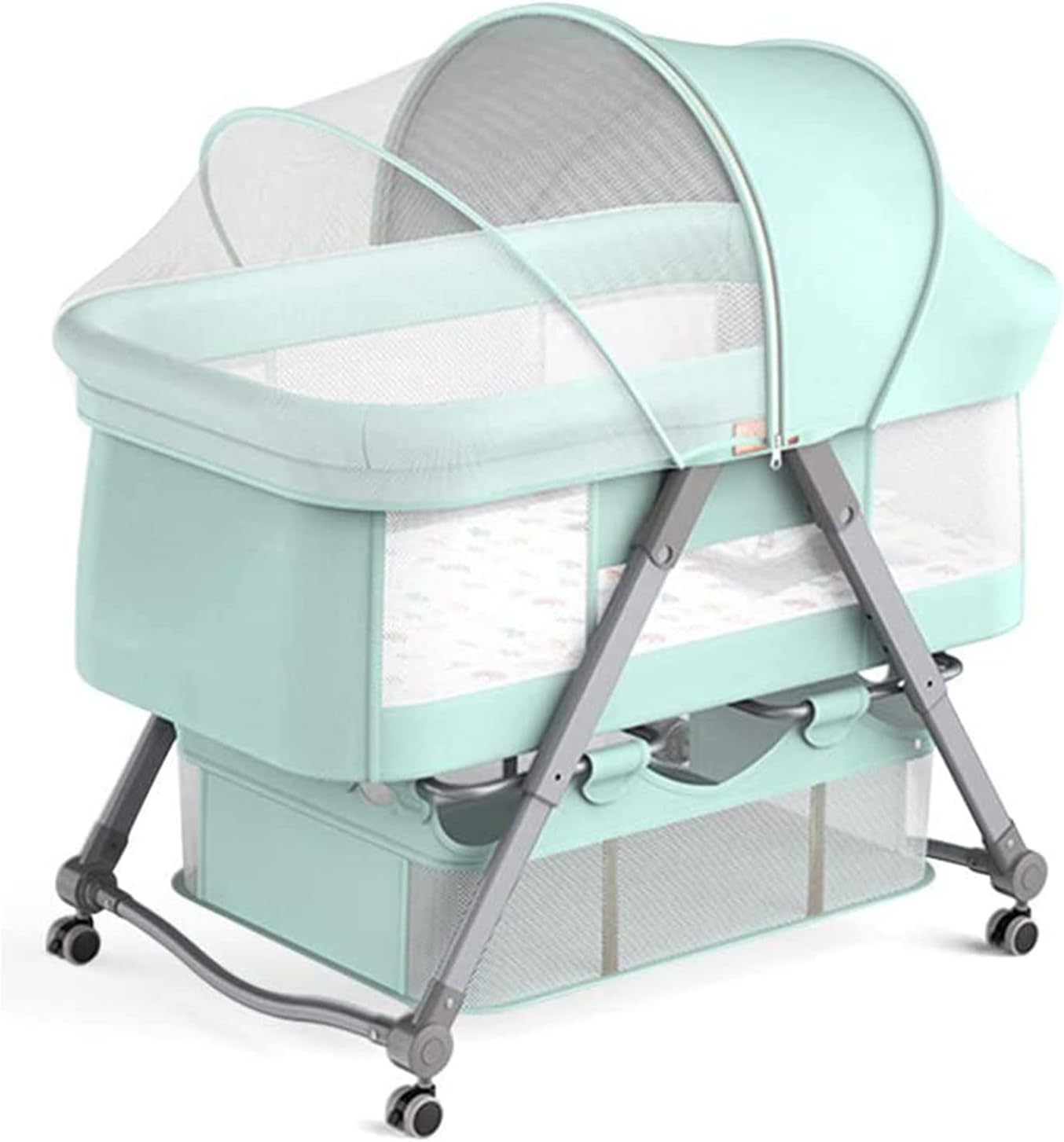 House of Quirk Cradle Crib Baby Rack, Foldable, No Assembly Required, Comes With Casters, Convenient Storage, Adjustable, Breathable, Washable, Newborn 0 Months And Up (93 X 55 X 77 Cm, Green) Fabric