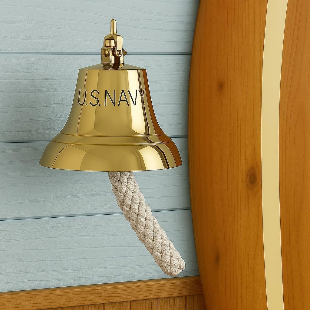 Gold Brass U.S. Navy Engraving 8-Inch Nautical Wall Mounted Bell with Knotted Lanyard – Solid Brass Ship Bell with Mounting Hardware – Maritime Decor for Home, Office, or Outdoor Use