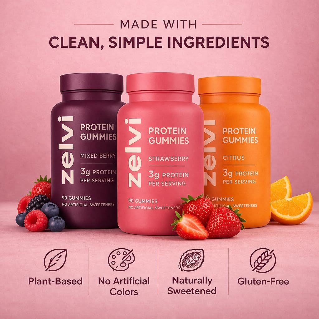 Zelvi Plant-Based Protein Gummies – 3g Per Serving, 90 Gummies, Protein Powder Alternative, Protein Supplement – No Artificial Colors, Naturally Sweetened, Dairy-Free, Gluten-Free (Strawberry)