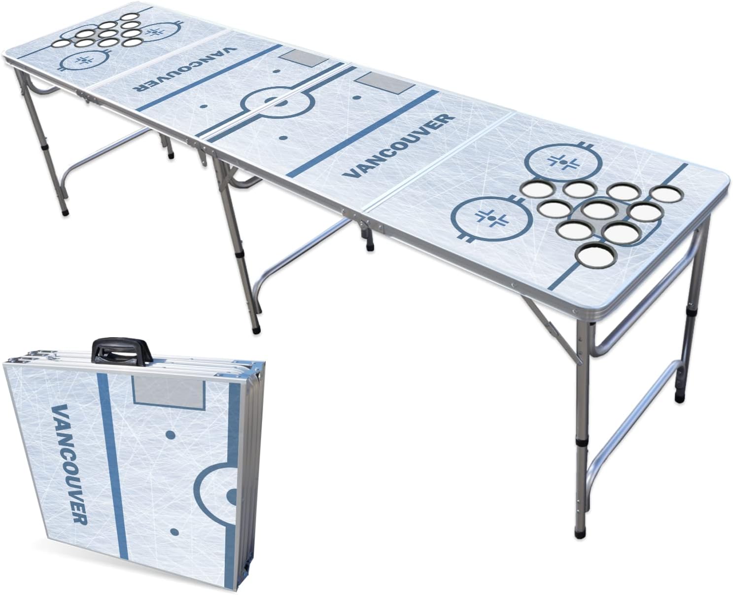 PARTYPONG 8-Foot Folding Portable Pong Table w/Optional Cup Holes & LED Lights - Vancouver Hockey Rink (Choose Your Model)