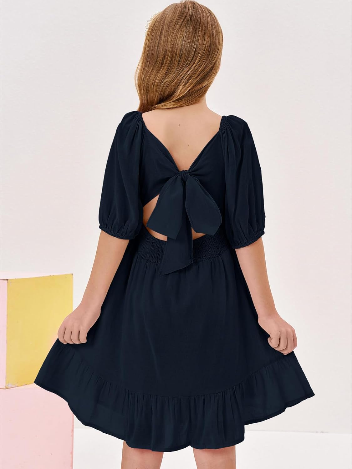 Girls Summer Dresses Square Neck Lantern Sleeve Tie Backless Ruffle A-Line Party Mini Dress - Image 3