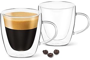 DLux Espresso Coffee Cups 3 oz, Double Wall Glass Cups with Handles Set of 2