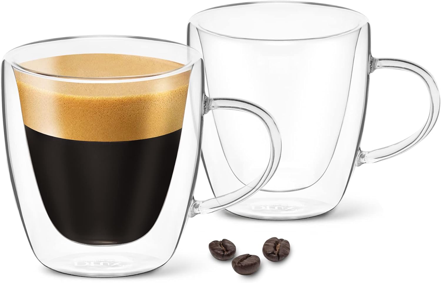 DLux Espresso Coffee Cups with Handles, Double Wall Clear Glass