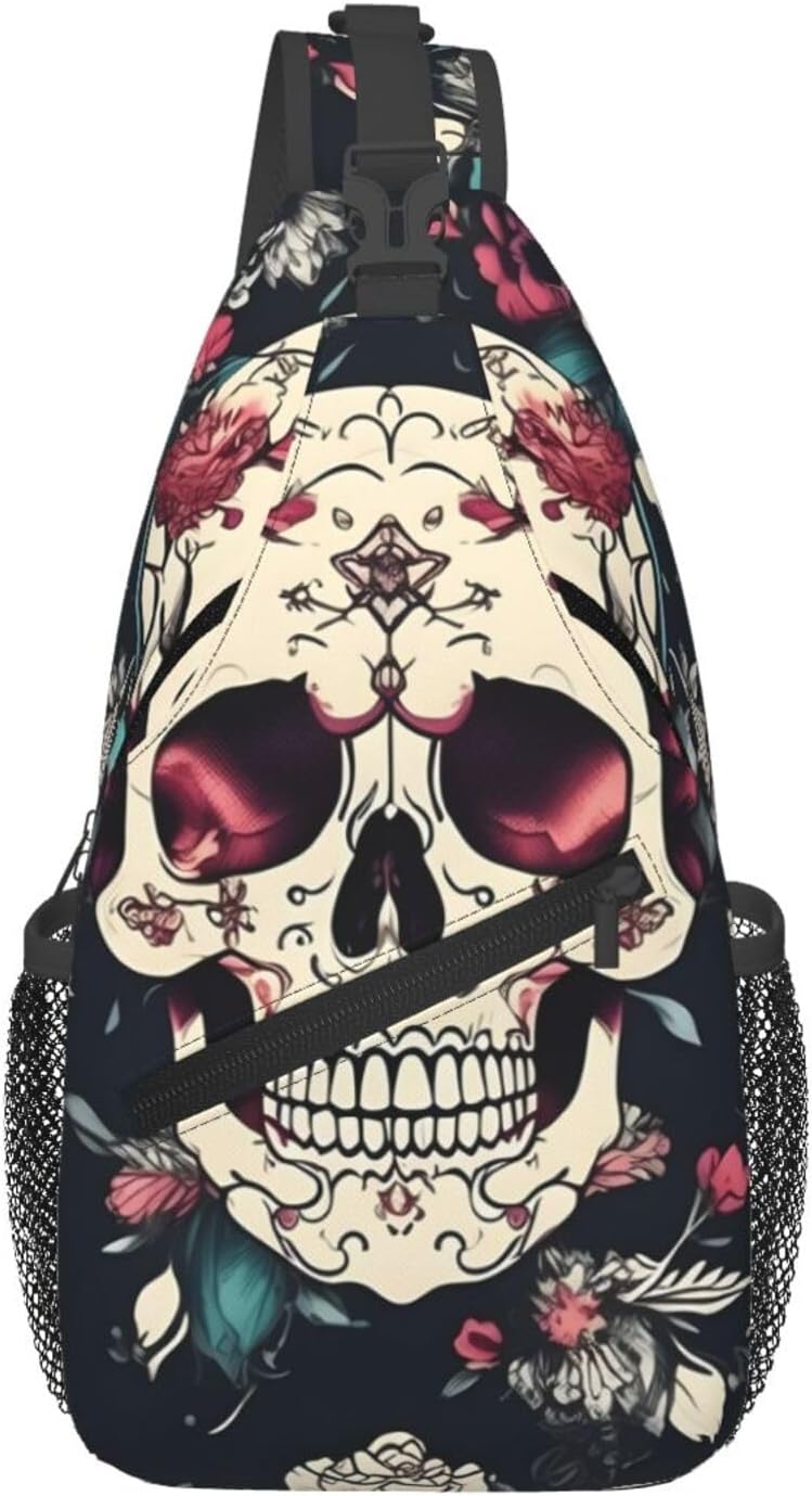 Durable Lightweight Flowers Skull Ornamental Pattern Print Cross chest bag diagonally for Travel Commute Daily Use
