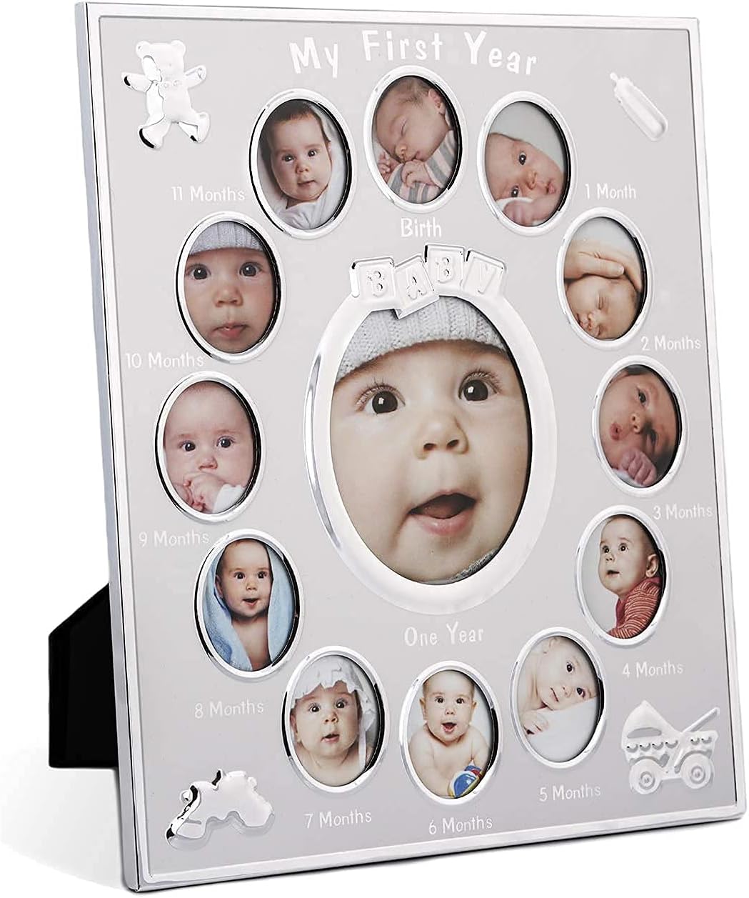 My First Year Frame – Silver, 30x25cm, Photo Frame w/Multiple Picture Frames, Aluminium Alloy Construction, Hand-Finished Wooden Frame, Wall Mount | Home Decor Accessories