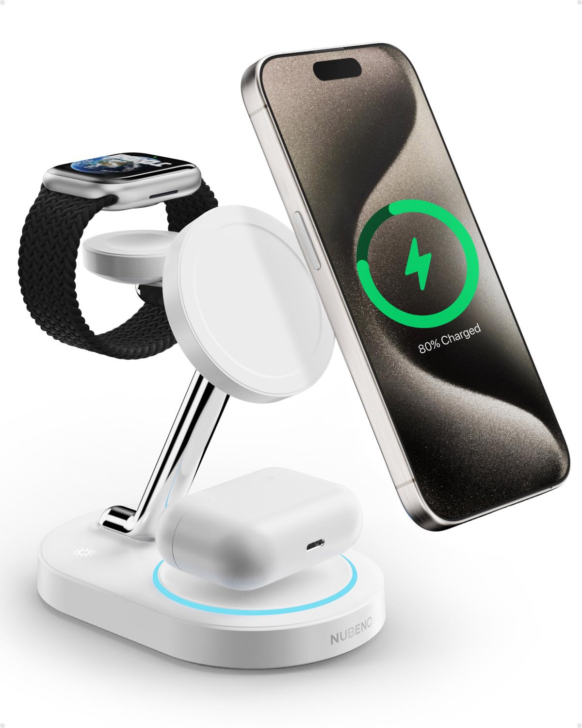 Fast Charging Station for Magsafe Apple Devices, Wireless Charger Station for MagSafe iPhones, 3 in 1 Magnetic Charger Stand for iPhone 15/14/13/12, Apple Watch & AirPods.(White)