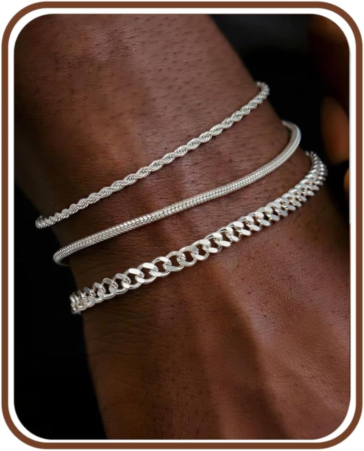 3Pcs 925 Sterling Silver Mens Bracelets Silver Bracelet for Men Cuban Link Snake Rope Chain Bracelet Set Mens Jewellery Gifts for Dad Husband Boyfriend Son 19/21CM