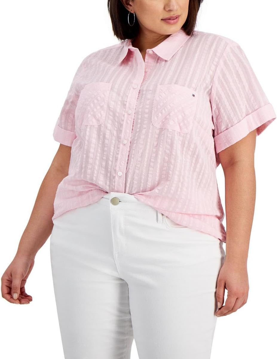 Tommy Hilfiger Women's Button Up Striped Short Sleeve Sportswear Top