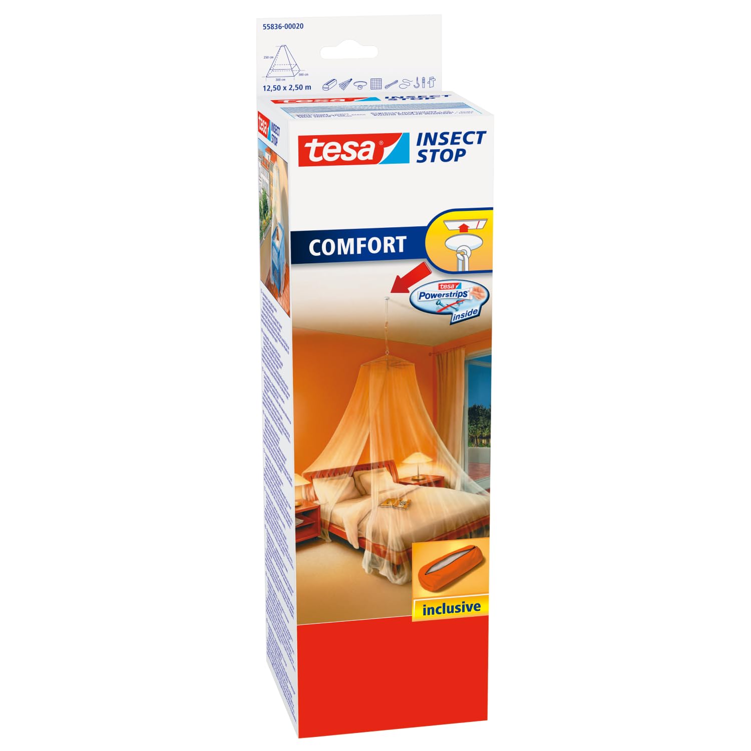 Tesa Stop Moustiquaire Voile Comfort – Ciel Anti-Insectes avec Crochet Adhésif – pour Le Voyage et la Maison – Lit Simple ou Double – avec Sac de Transport – Blanc 55836-00020-00