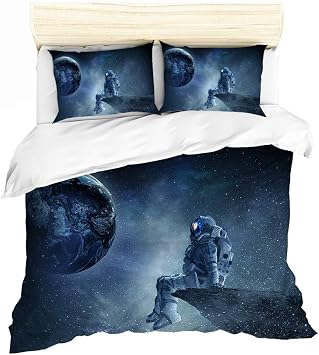Galaxy Duvet Cover Set Twin 3 Piece, Astronaut Spaceman Sitting on Rock Edge Watches The Earth Space Adventure Decorative Bedding Set with 2 Pillowcases for Kids Boys Girls, Blue