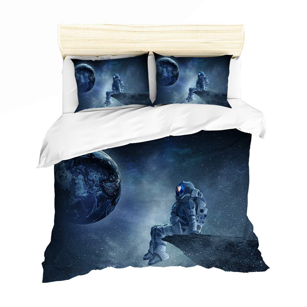 Galaxy Duvet Cover Set Queen 3 Piece, Astronaut Sitting on Rock Edge Watches The Earth Space Adventure Galaxy Bedding Set Duvet Cover and Pillowcase for Boys Girls Teens Men, Blue