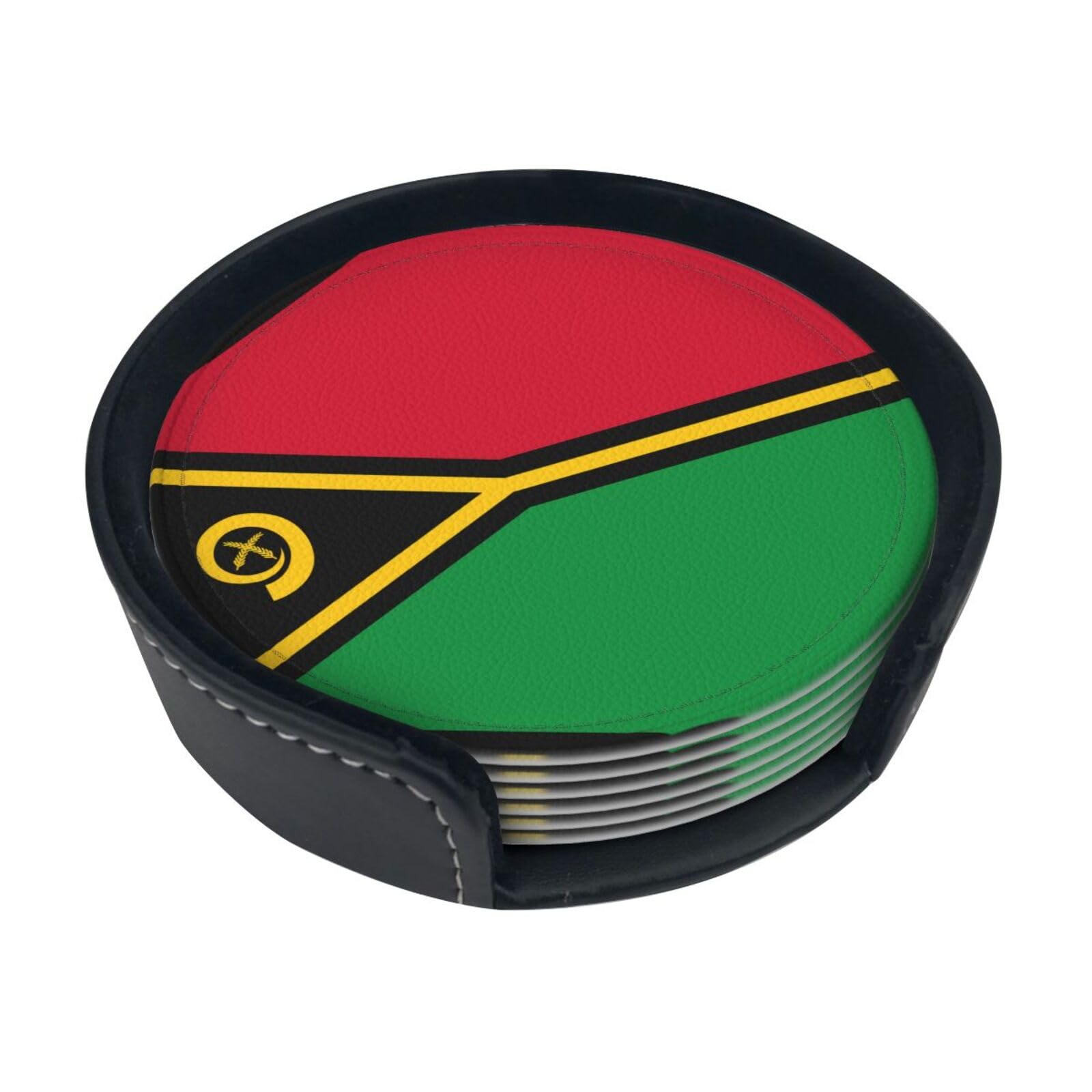 Flag of Vanuatu Printed Coaster Set, with Holders, 6 Pieces. Suitable for Dining Tables, Kitchen Decor, and Coffee Tables.