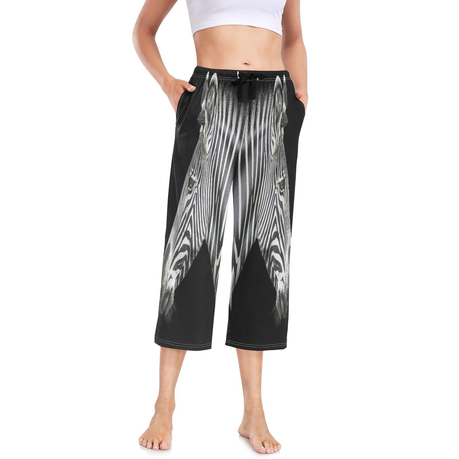 Linomo Women's Pyjama Bottoms Zebra Print Pajama Pant Cropped Trousers Pajama Lounge Pants Loungewear Nightwear Yoga Casual Pants