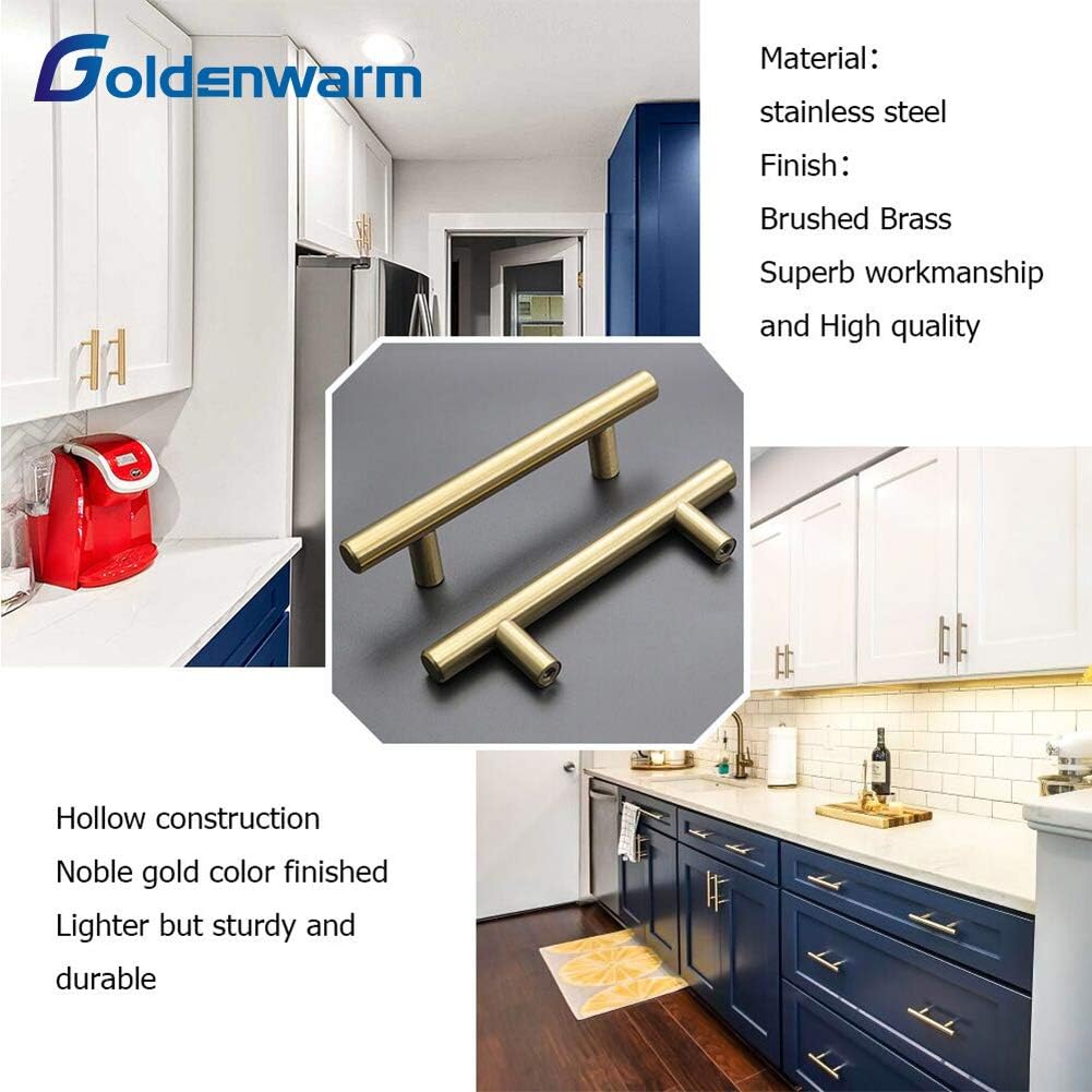Goldenwarm 25 Pack 3 Inch Hole Centers Gold Cabinet Handles Brushed Brass Cabinet Pulls Stainless Steel Drawer Pull Kitchen Dresser Handle