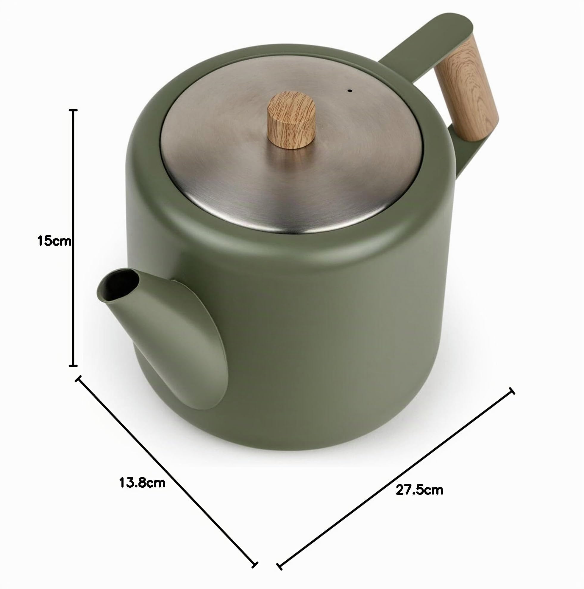 Bredemeijer grüne Edelstahl Teekanne 1.1 Liter - Griff in Holzoptik - doppelwandige Retro Kanne - für längeren, warmen Teegenuss