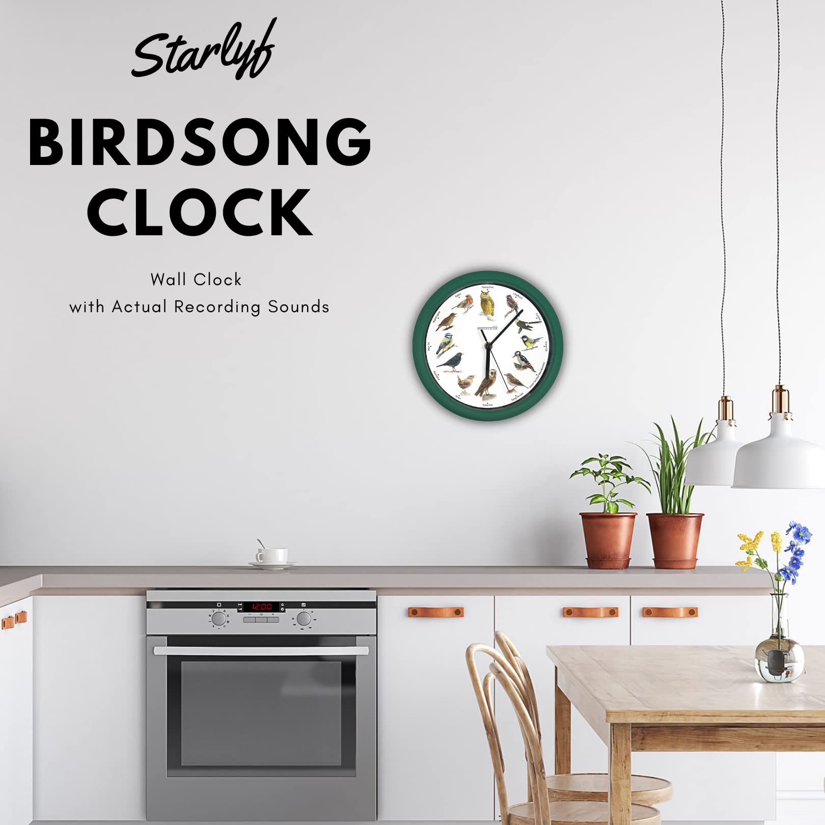 STARLYF Orologio da parete Birdsong Clock, Con suoni reali di 12 diversi uccelli, calendario del silenzio di notte, Ogni ora canta uno dei 12 uccelli canori locali, 25 cm di diametro