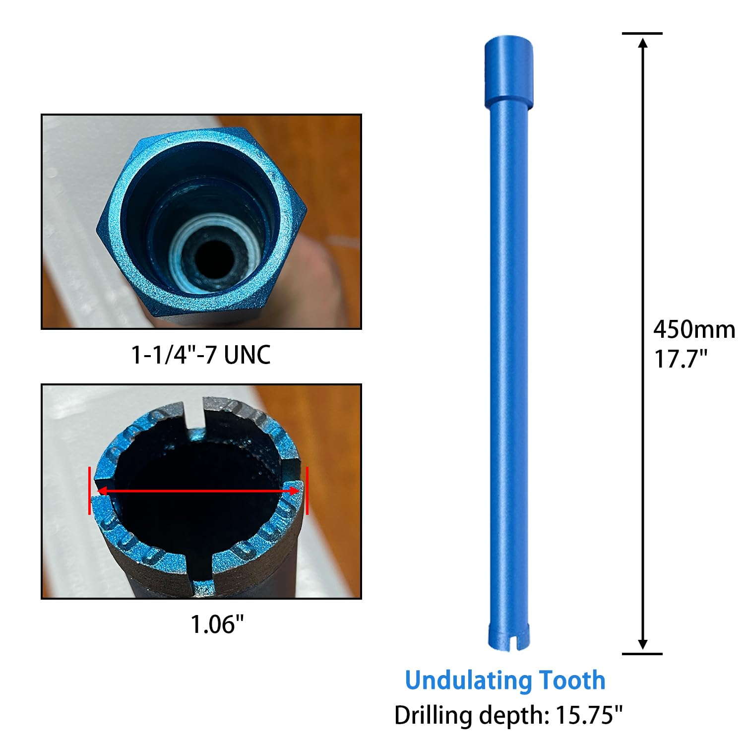 Punte per carotaggio a umido da 1,06" per calcestruzzo indurito con barre d'armatura, mattoni, blocchi, muratura, ecc. Profondità di foratura di 15,75", filettatura 1-1/4-7”, altezza del segmen
