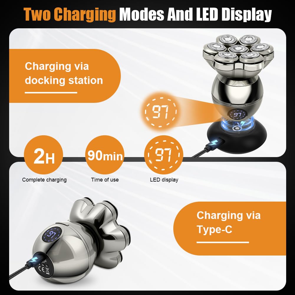 LOPHE 5 en 1 Rasoir Tete Chauve Homme, 7D Rasoir Électrique, Équipé de 7 Têtes de Coupe Flottantes, Type-C Tondeuse Crane Chauve Sans Fil, Sec Étanche IPX6, pour Hommes Chauves Avec Écran LED, A